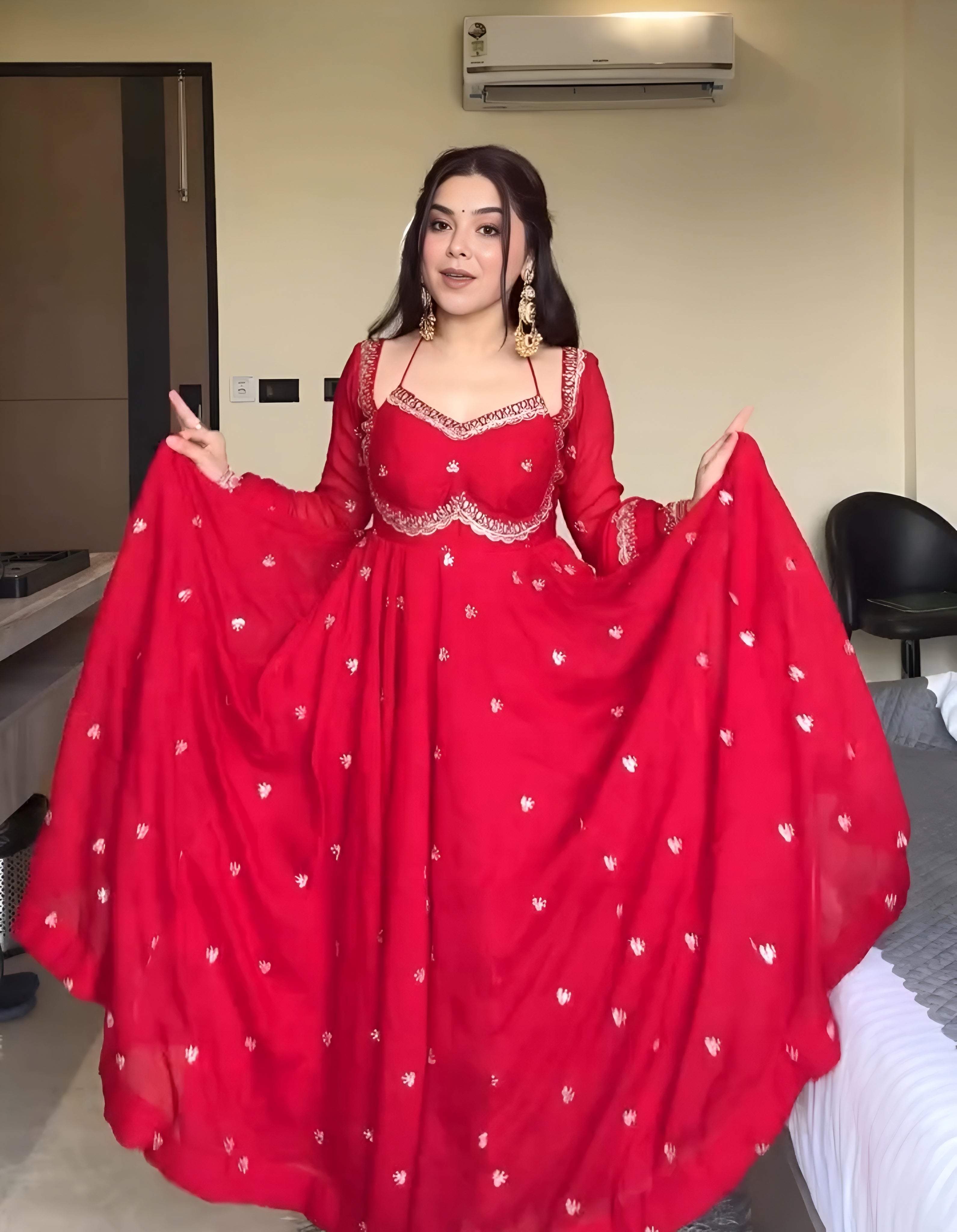 Eloriya Classic Red Karva Chauth Special Anarkali Suit Set - L [40] | Eloriya India