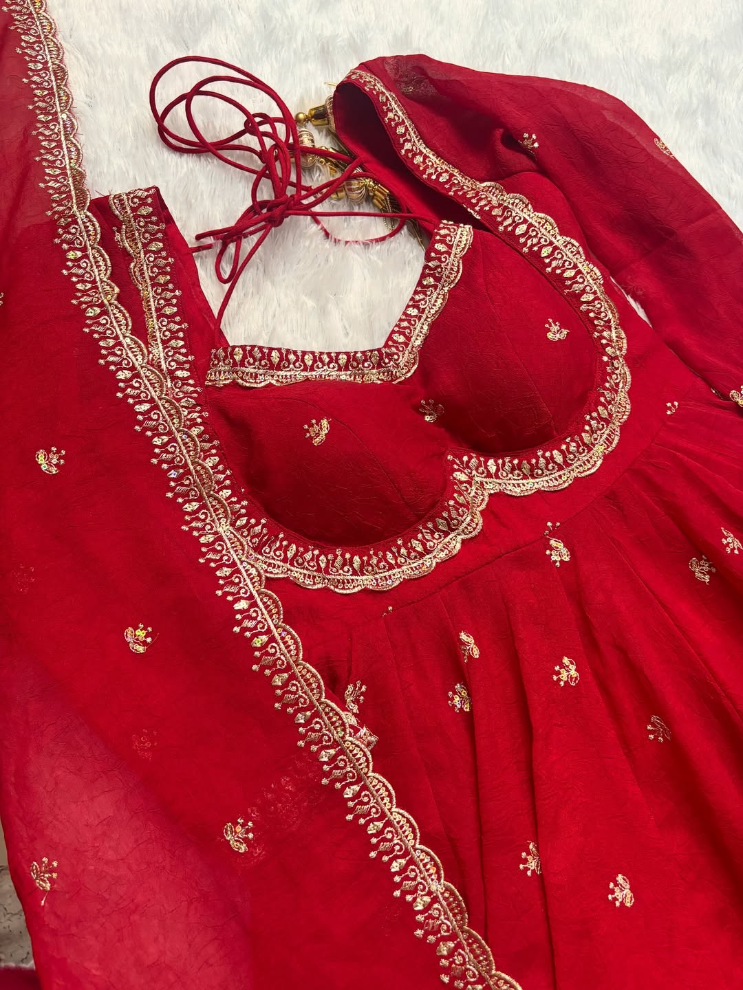 Eloriya Red Chilli Slit Anarkali Premium Suit Set - XS [34] | Eloriya India