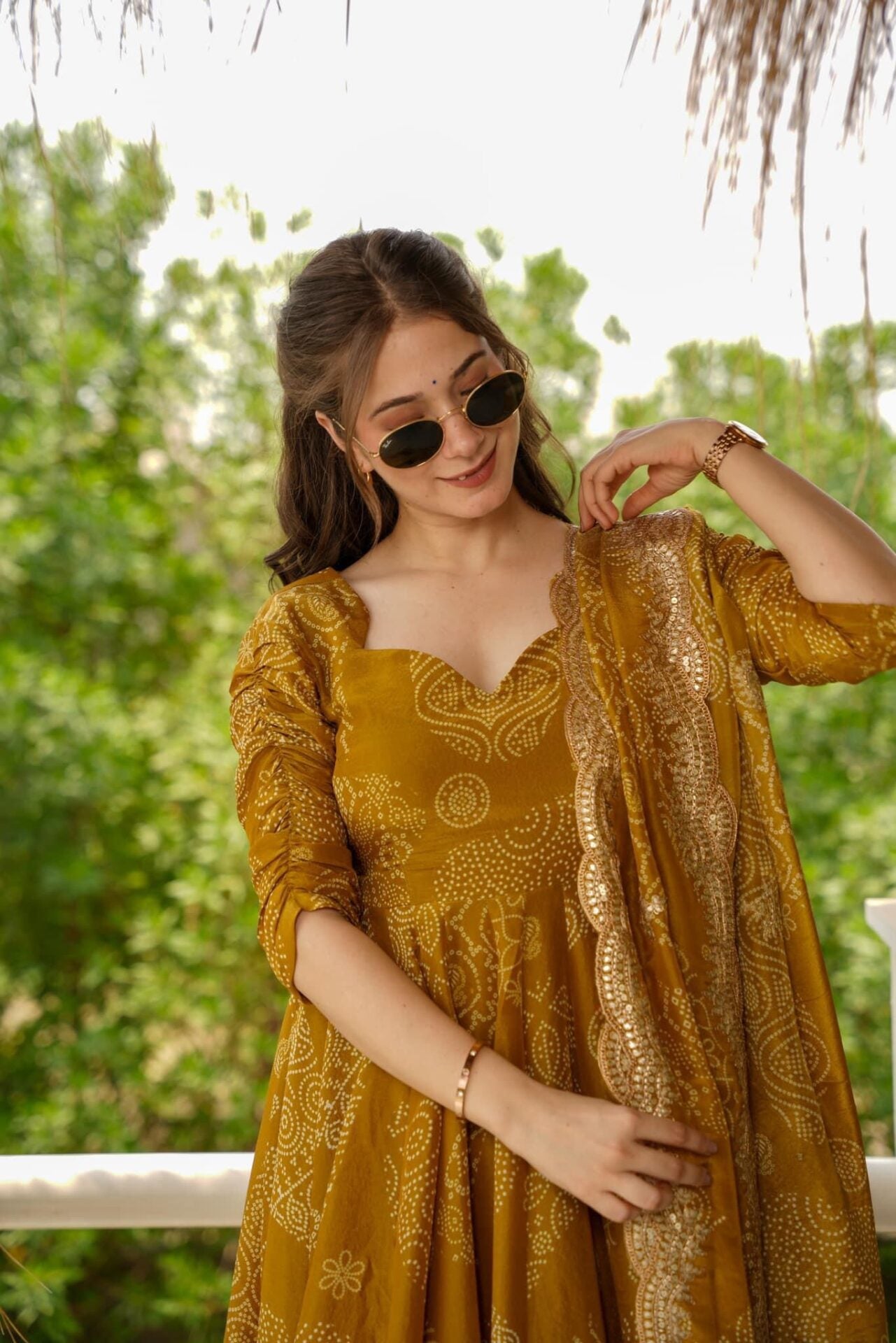 Eloriya Bandhani Mehndi Colour Anarkali Suit Set - S [36] | Eloriya India
