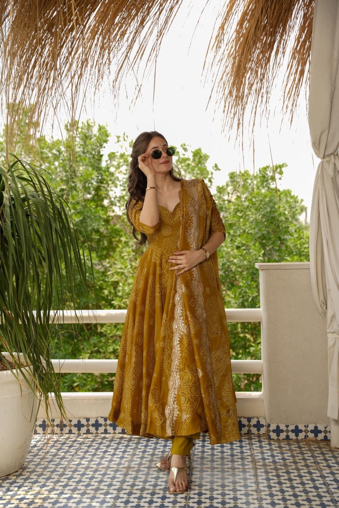 Eloriya Bandhani Mehndi Colour Anarkali Suit Set - XL [42] | Eloriya India