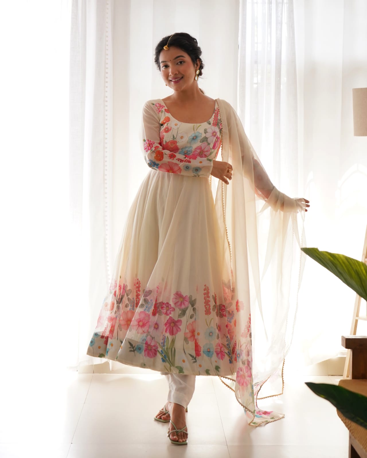 Eloriya Creme Coloured Organza Suit - L(40) | Eloriya India