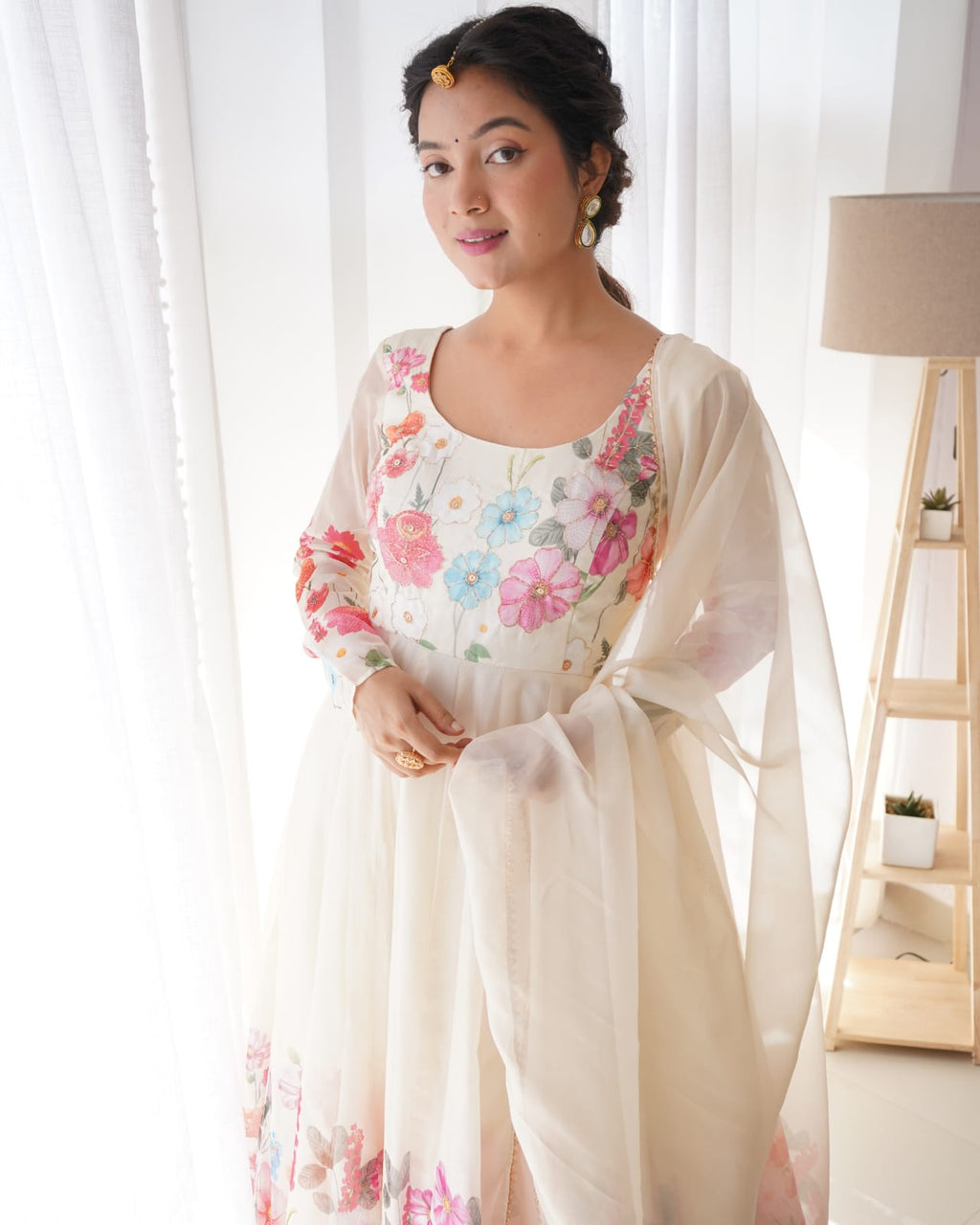 Eloriya Creme Coloured Organza Suit - M(38) | Eloriya India