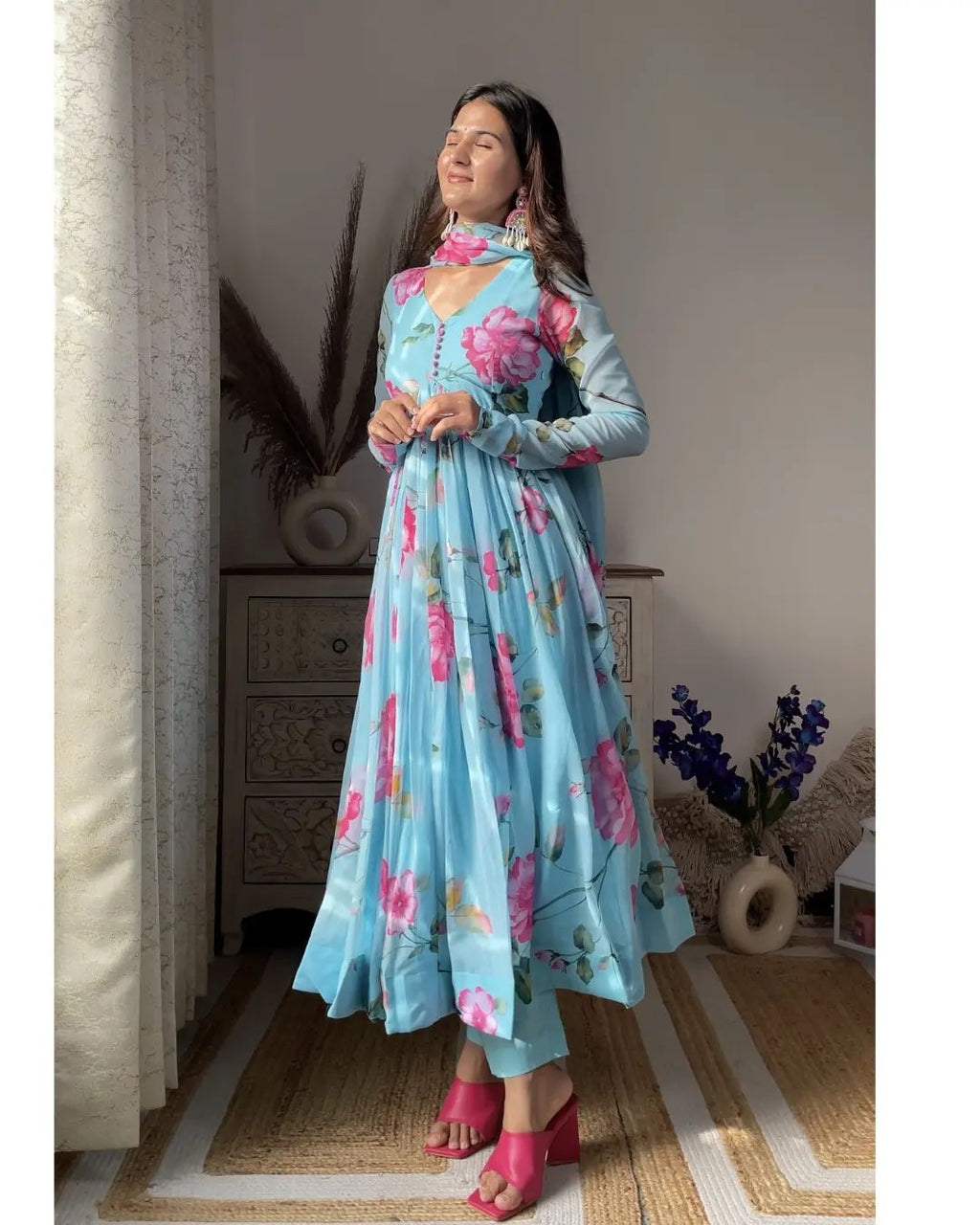 Eloriya Aniska Sky Blue Floral Print Suit Set - 2XL [44] | Eloriya India