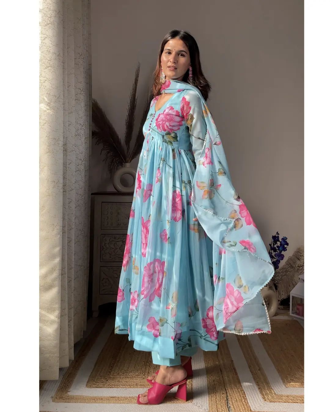 Eloriya Aniska Sky Blue Floral Print Suit Set - XL [42] | Eloriya India