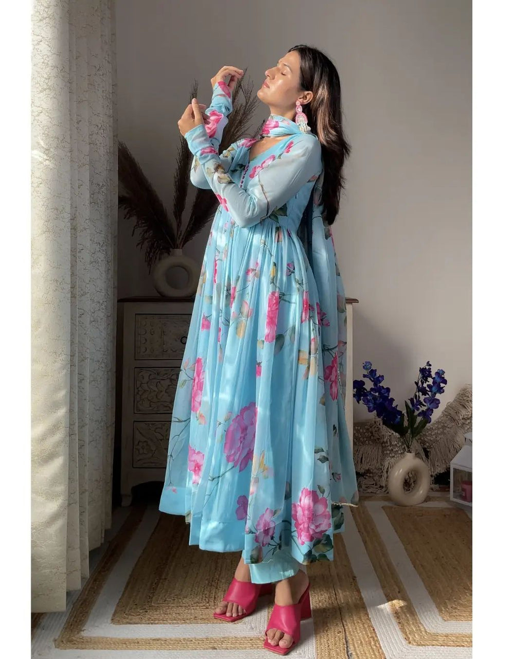 Eloriya Aniska Sky Blue Floral Print Suit Set - L [40] | Eloriya India
