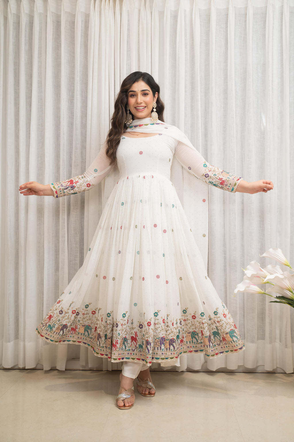 Eloriya Zesta Trendy White Anarkali Suit Set - M | Eloriya India