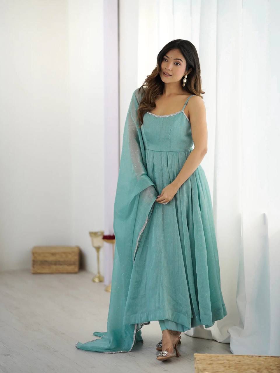 Eloriya Niyara Sky Color Anarkali Suit Set - L | Eloriya India
