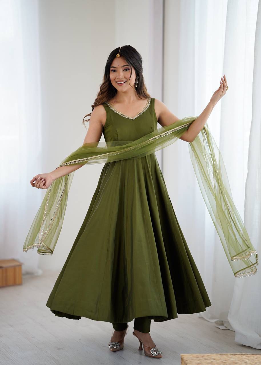 Eloriya Kiyara Mahendi Color Anarkali Suit Set [Sleeves Fabric Attached] - S [36] | Eloriya India