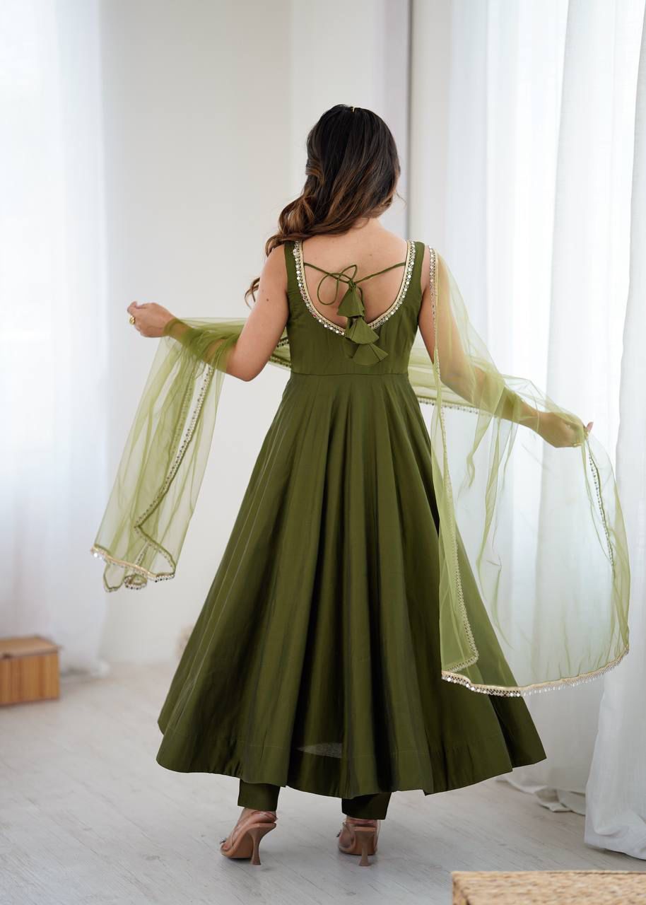 Eloriya Kiyara Mahendi Color Anarkali Suit Set [Sleeves Fabric Attached] - M [38] | Eloriya India