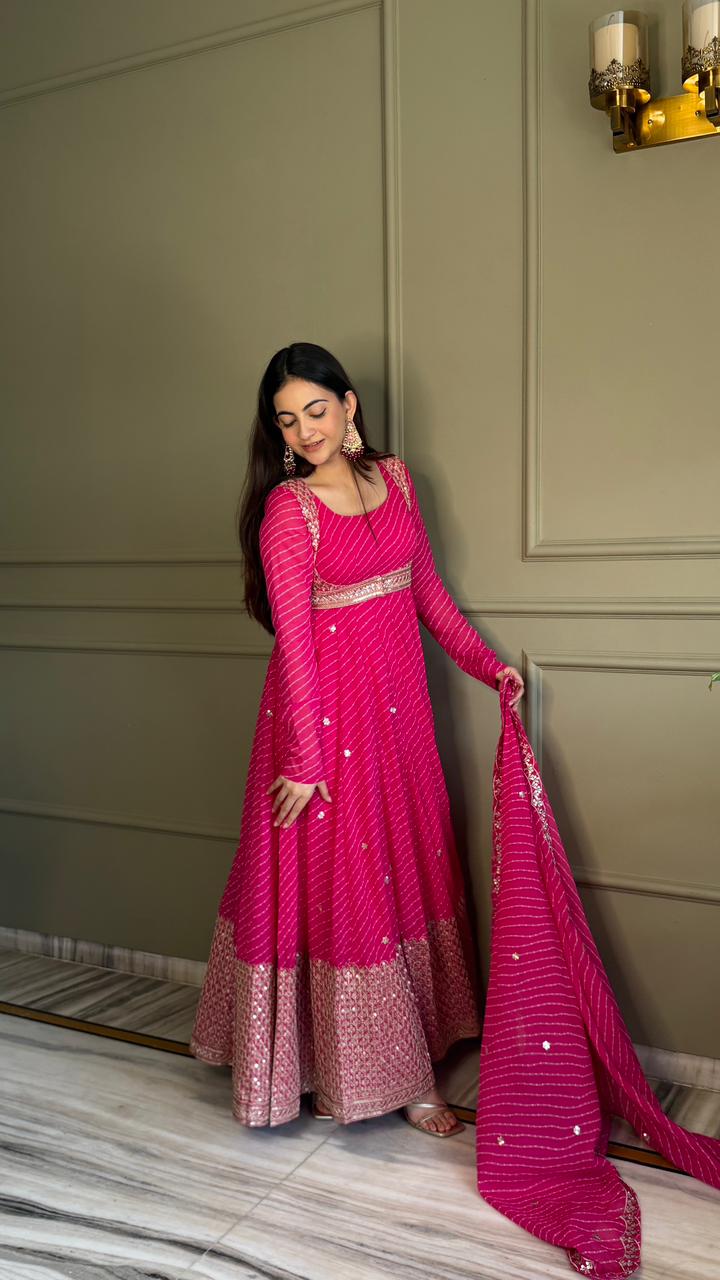 Eloriya Premium Bandhej Heavy Traditional Koti Anarkali Suit Set - 2XL [44] | Eloriya India