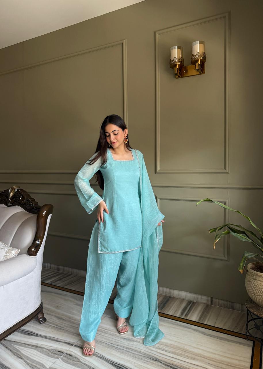 Eloriya Beautiful Pure Chinon Silk Fabric Straight Fit Kurta, Dupatta With Trouser Set - L [40] | Eloriya India