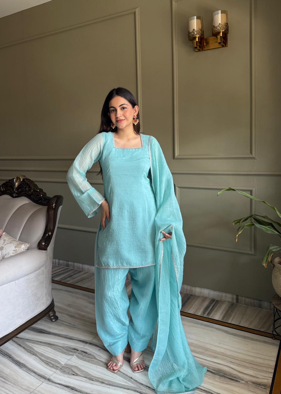Eloriya Beautiful Pure Chinon Silk Fabric Straight Fit Kurta, Dupatta With Trouser Set - XS [34] | Eloriya India