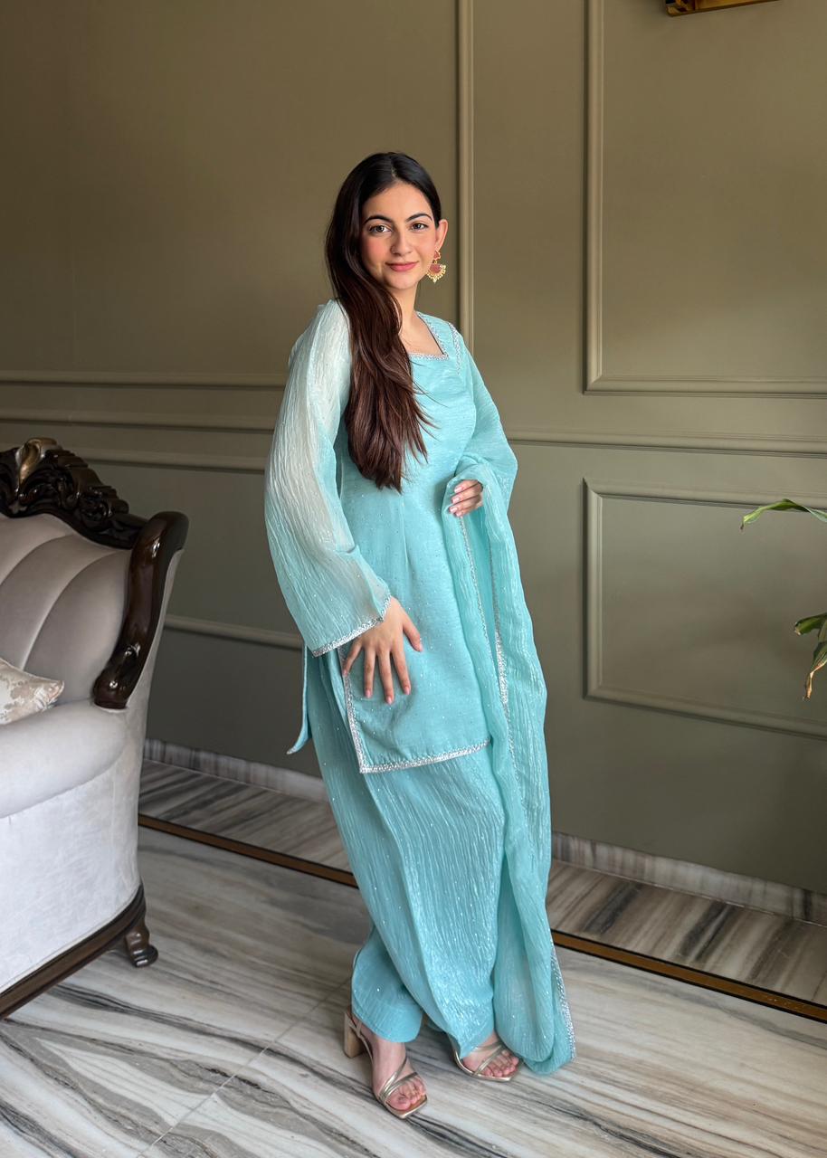 Eloriya Beautiful Pure Chinon Silk Fabric Straight Fit Kurta, Dupatta With Trouser Set - M [38] | Eloriya India