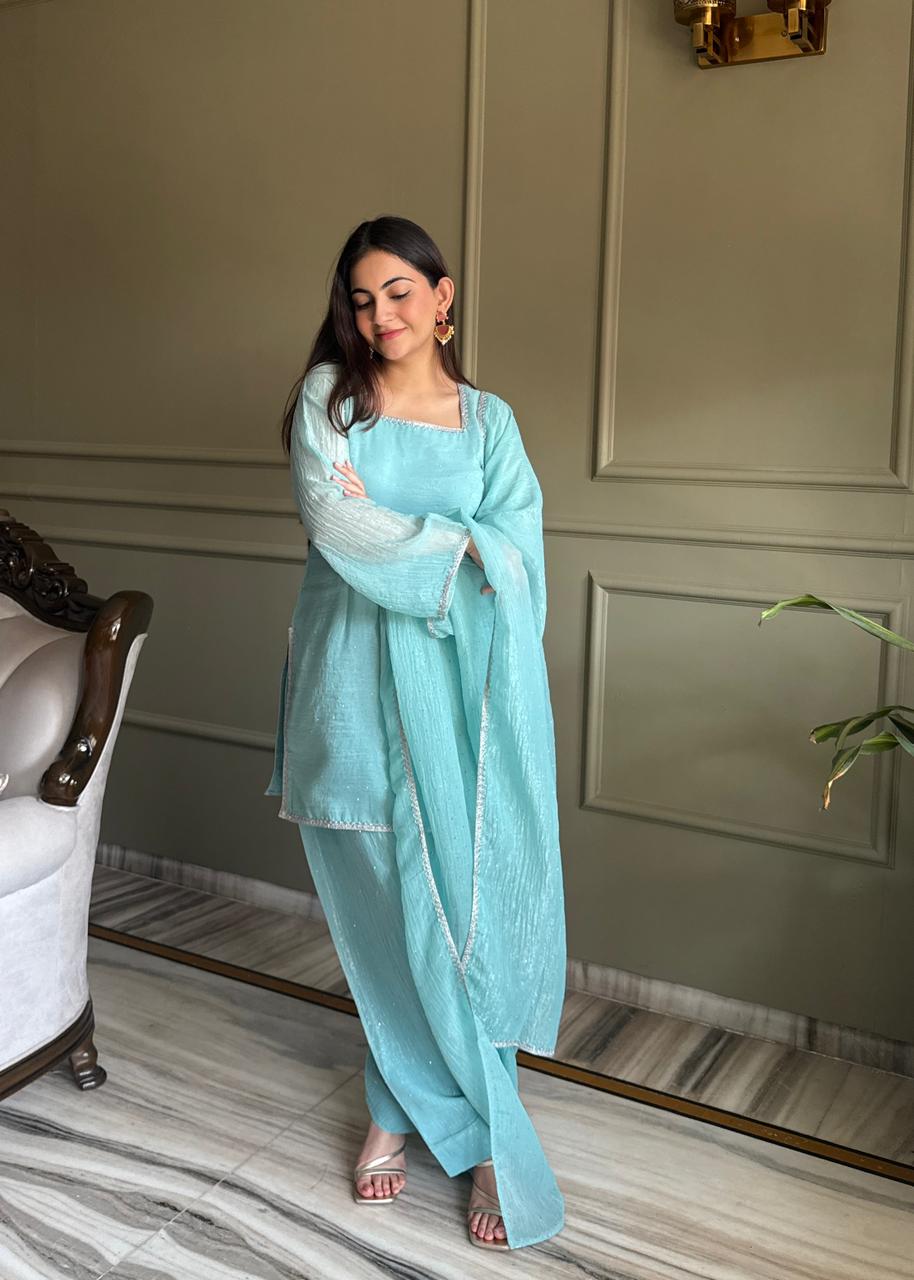 Eloriya Beautiful Pure Chinon Silk Fabric Straight Fit Kurta, Dupatta With Trouser Set - S [36] | Eloriya India