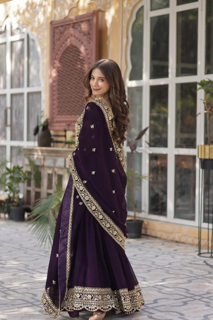 Eloriya Royal Wine Georgette Anarkali Heavy Suit Set - 3XL [46] | Eloriya India