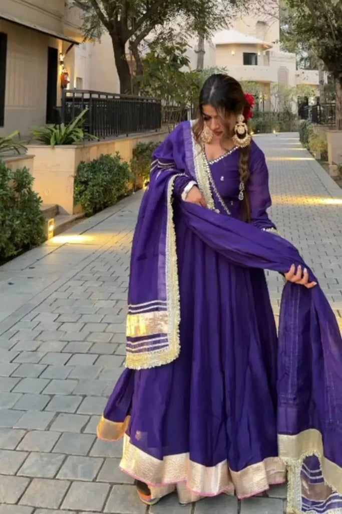 Eloriya Siya's Royal Purple Elegant Golden Border Anarkali Suit Set - S [36] | Eloriya India