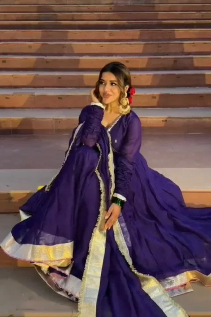 Eloriya Siya's Royal Purple Elegant Golden Border Anarkali Suit Set - M [38] | Eloriya India