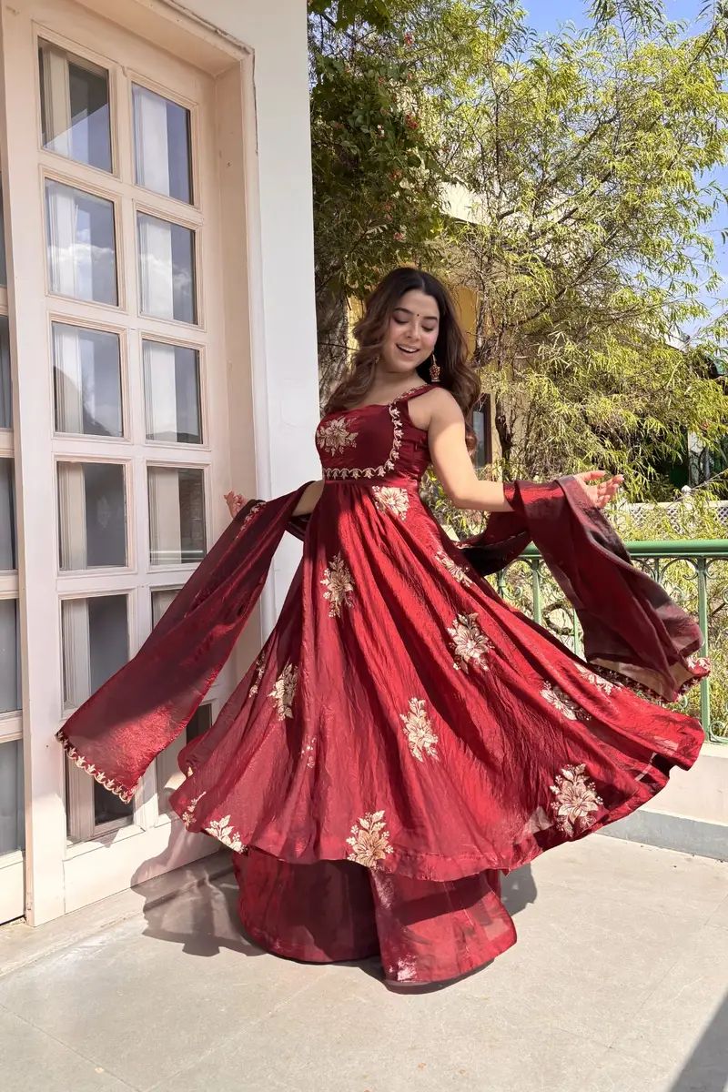 Eloriya Maroon Fendy Silk Anarkali Premium Suit Set | Eloriya India