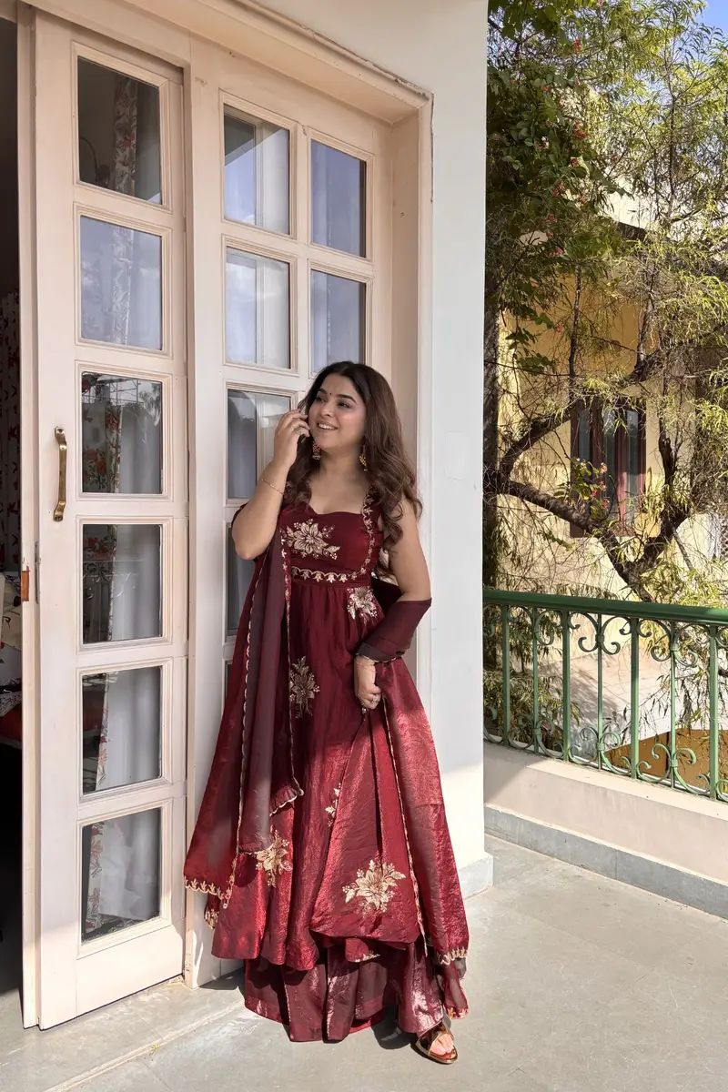 Eloriya Maroon Fendy Silk Anarkali Premium Suit Set - L [40] | Eloriya India