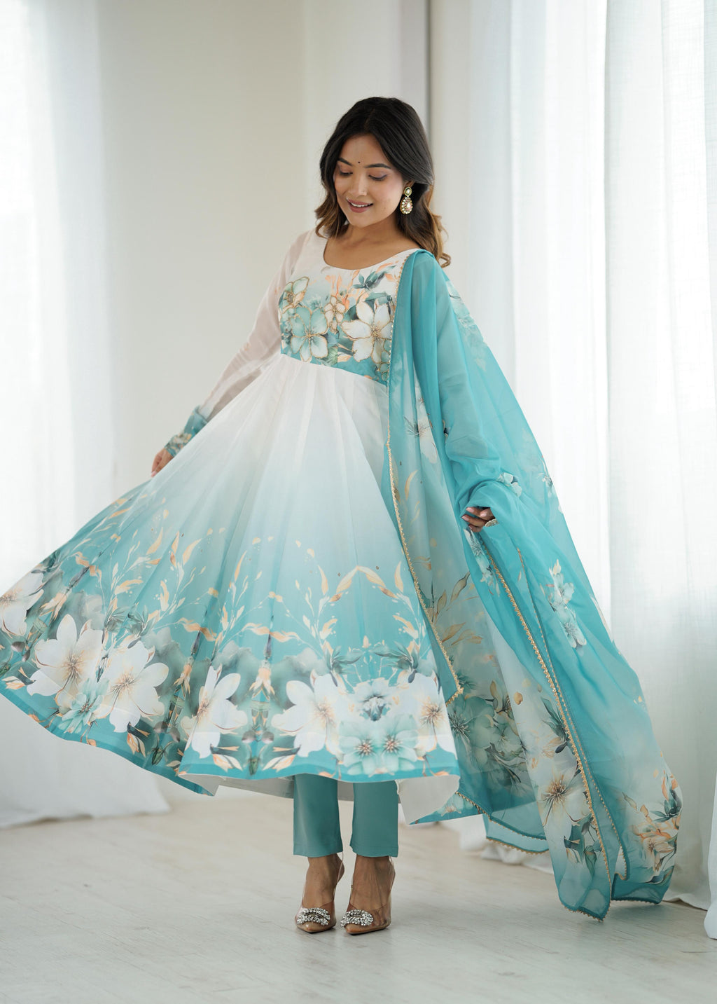 Eloriya Piyara Aqua Blue Color Anarkali Suit Set - S [36] | Eloriya India