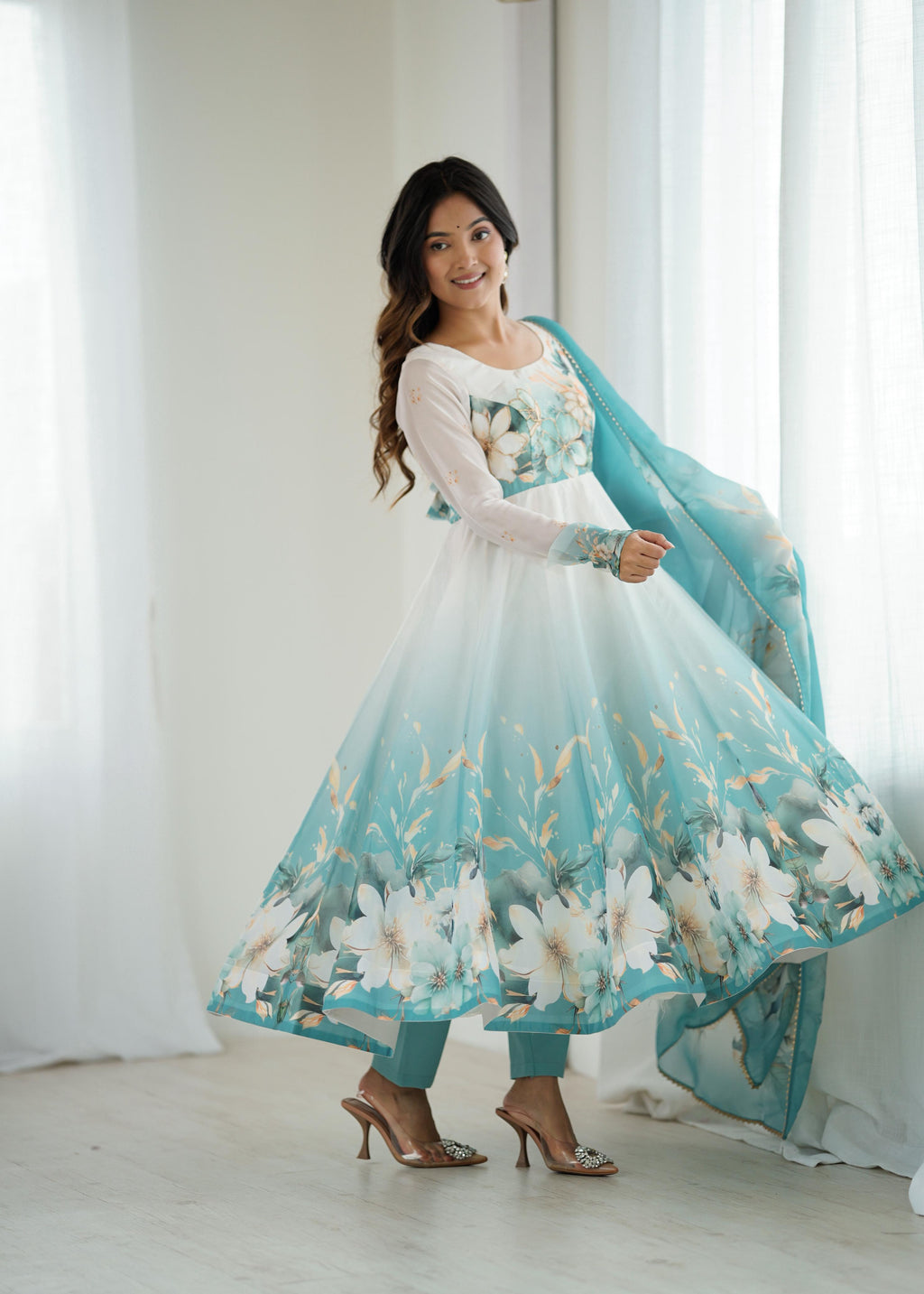 Eloriya Piyara Aqua Blue Color Anarkali Suit Set - XS [34] | Eloriya India