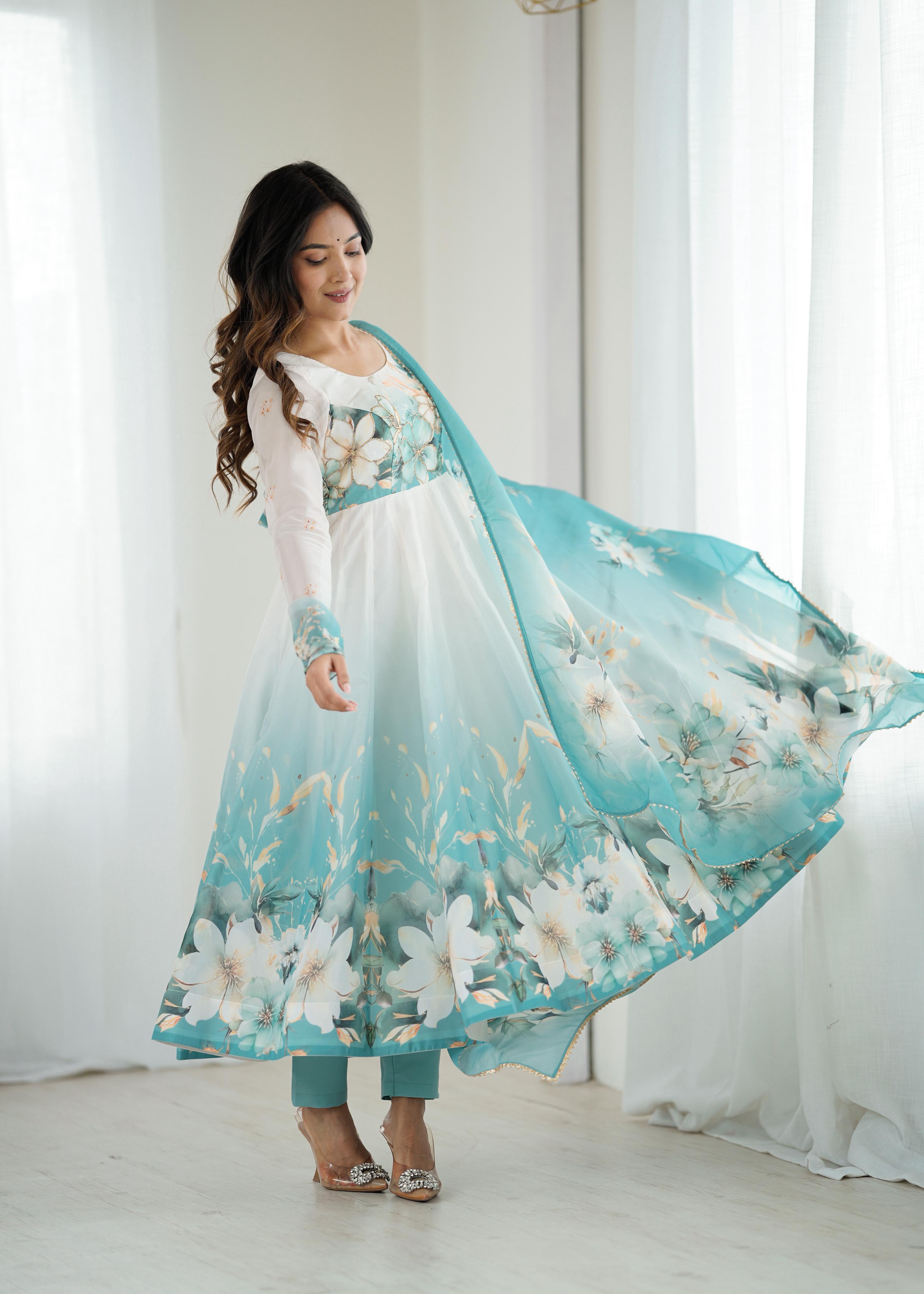 Eloriya Piyara Aqua Blue Color Anarkali Suit Set - M [38] | Eloriya India