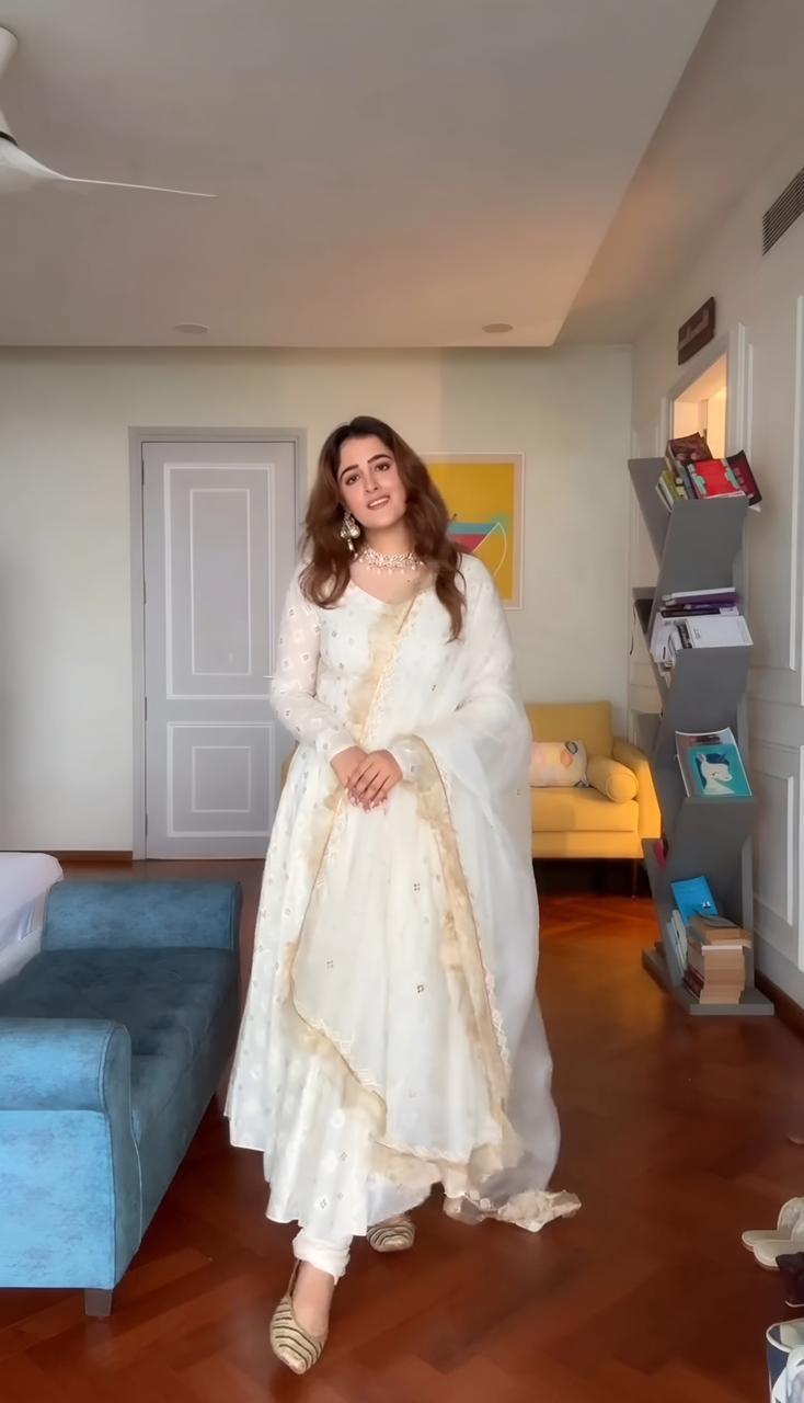 Eloriya Off Waite Lakhnavi Work Designer Anarkali Suit - S [36] | Eloriya India