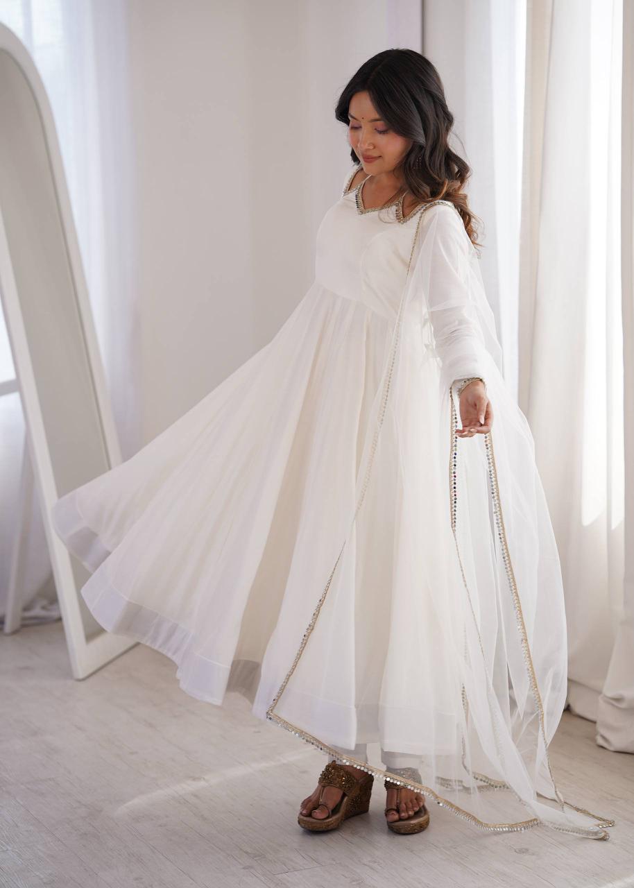 Eloriya Neha Smooth Roman Silk Fabric Premium Anarkali Suit Set - OFF-WHITE | Eloriya India