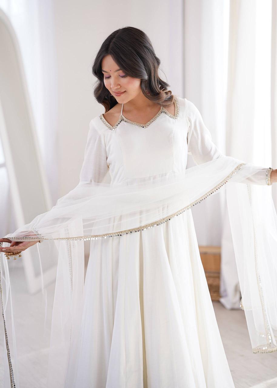 Eloriya Neha Smooth Roman Silk Fabric Premium Anarkali Suit Set - OFF-WHITE | Eloriya India