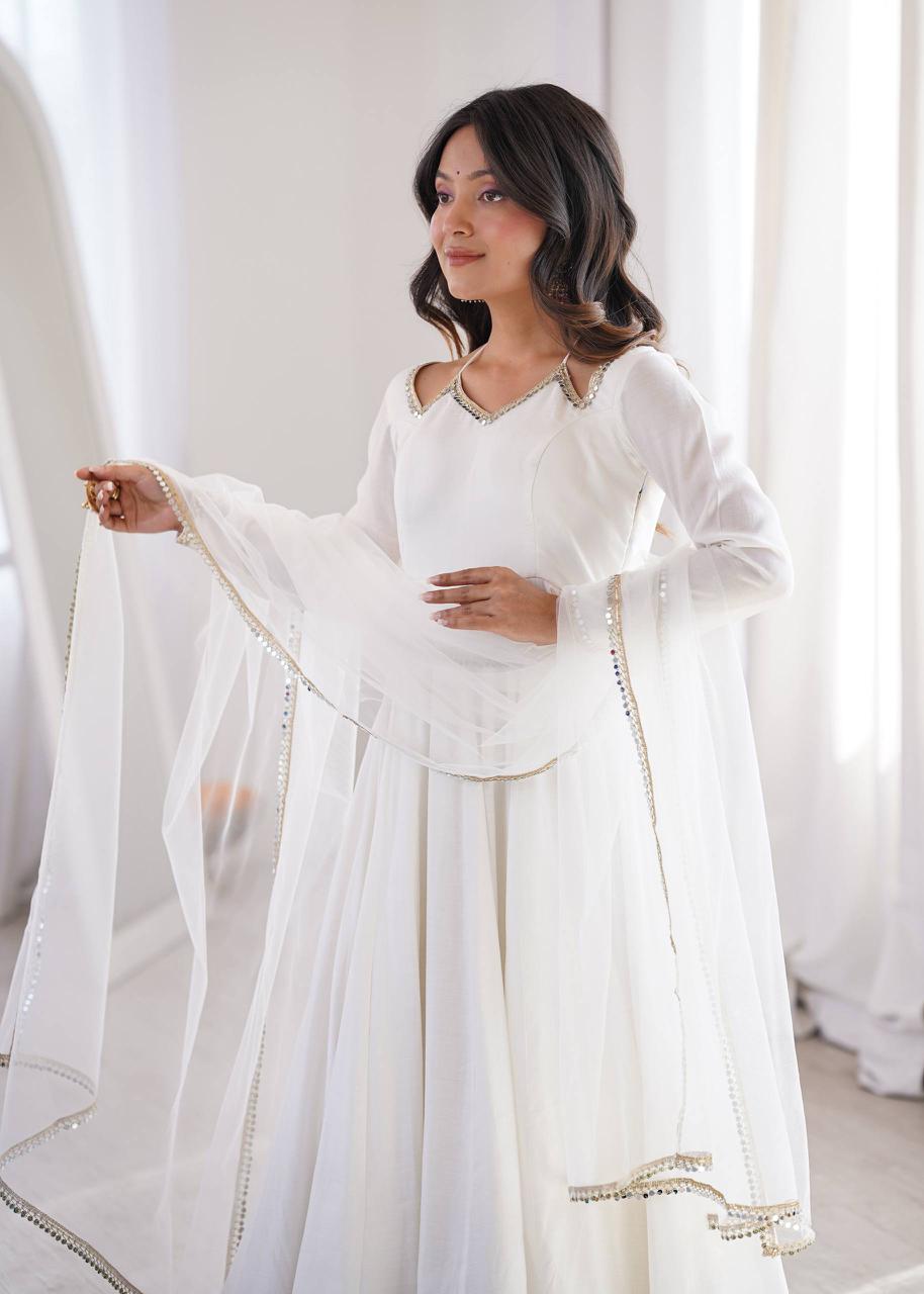 Eloriya Neha Smooth Roman Silk Fabric Premium Anarkali Suit Set - OFF-WHITE | Eloriya India