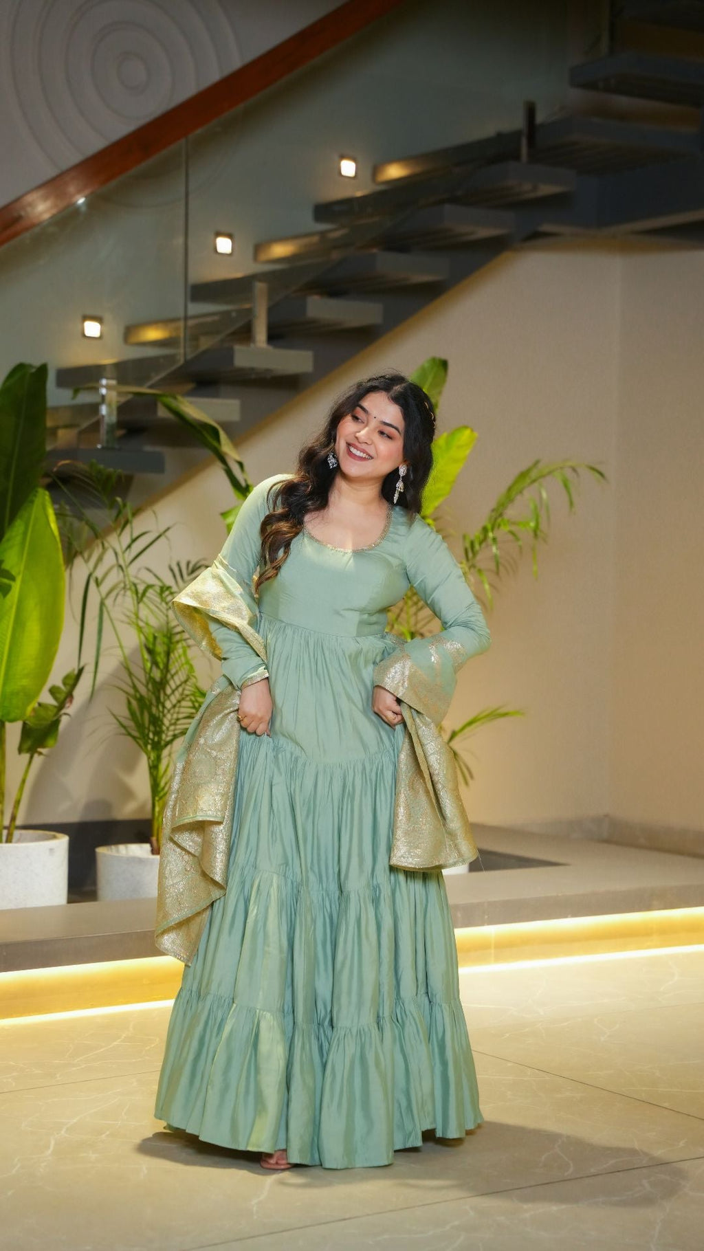 Eloriya Premium Quality Roman Silk Gown Anarkali Suit Set - L [40] | Eloriya India