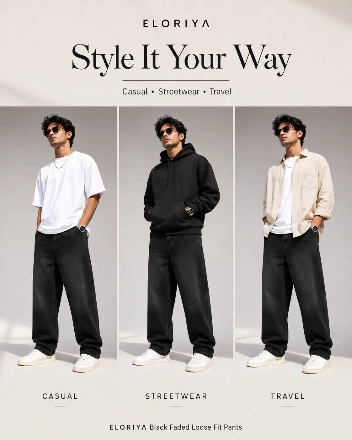 ELORIYA Black Faded Loose Fit Pants – Premium Cotton Streetwear Bottoms