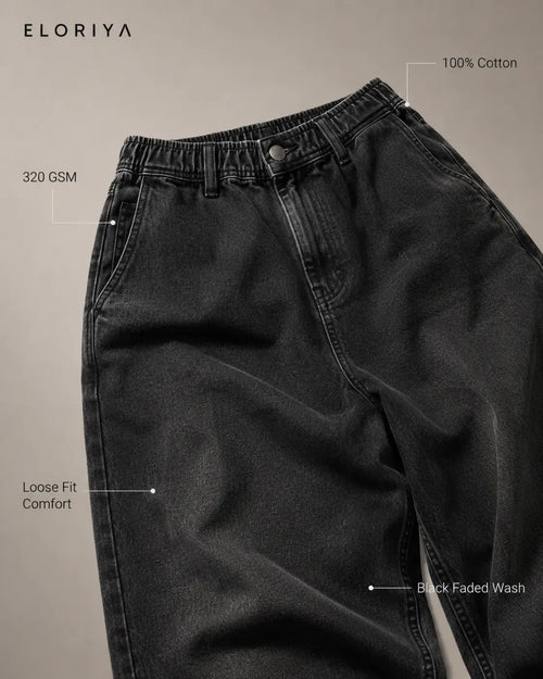 ELORIYA Black Faded Loose Fit Pants – Premium Cotton Streetwear Bottoms