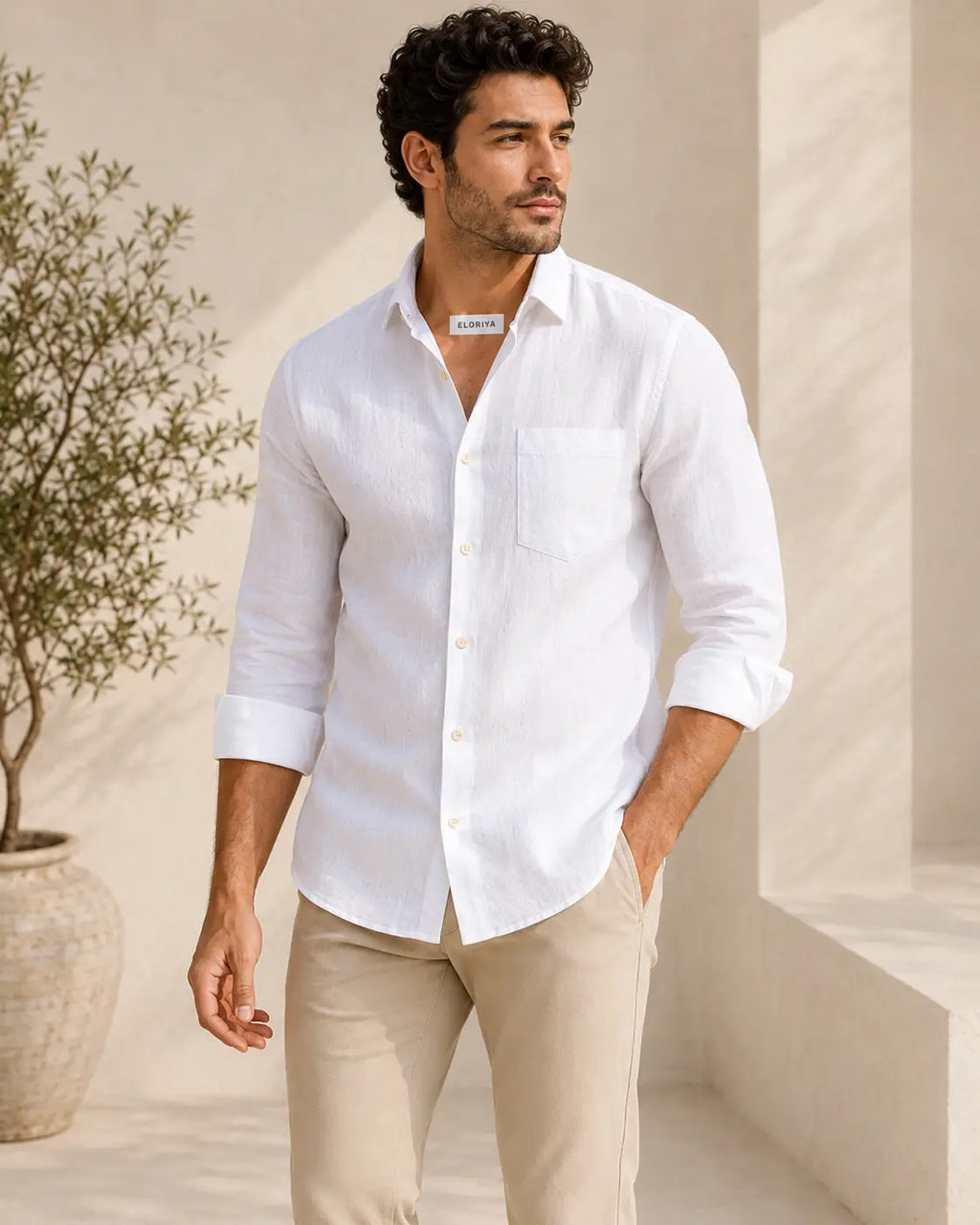 Eloriya Bright White Luxurious Linen Shirt