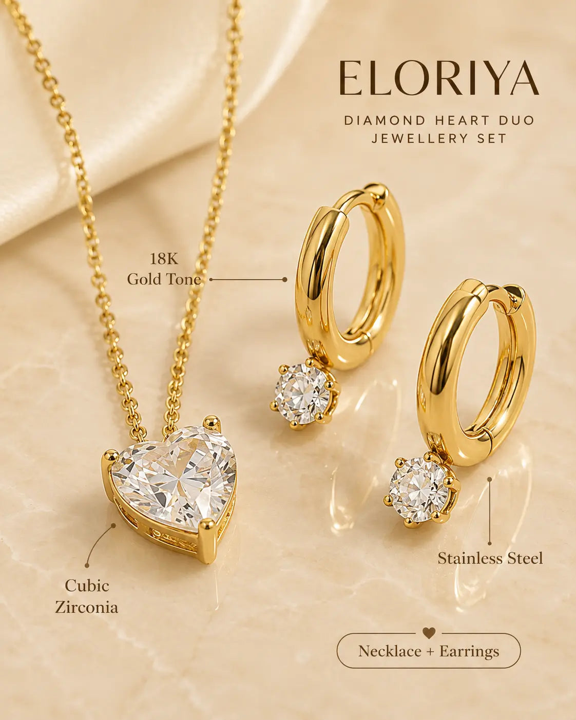 ELORIYA Diamond Heart Duo Jewellery Set – Gold-Tone Necklace & Hoop Earrings