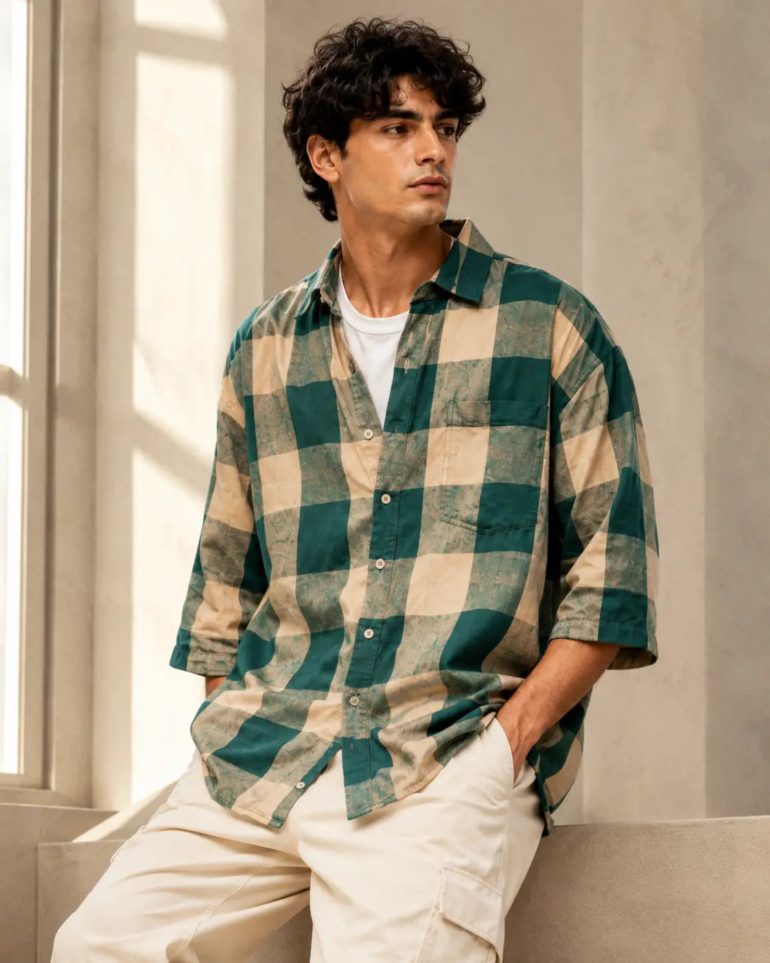 Eloriya Emerald Green & Buff Beige Checkered Oversized Shirt