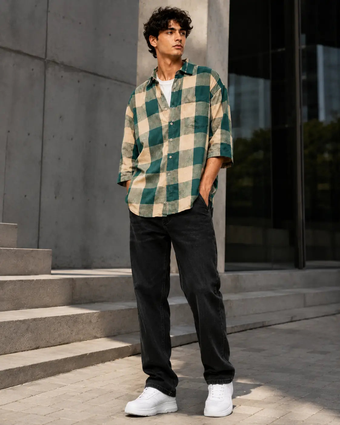 Eloriya Emerald Green & Buff Beige Checkered Oversized Shirt