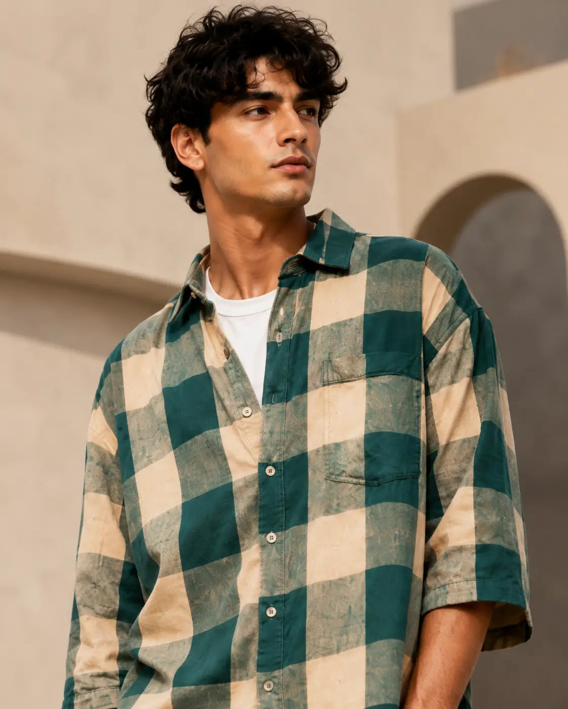Eloriya Emerald Green & Buff Beige Checkered Oversized Shirt