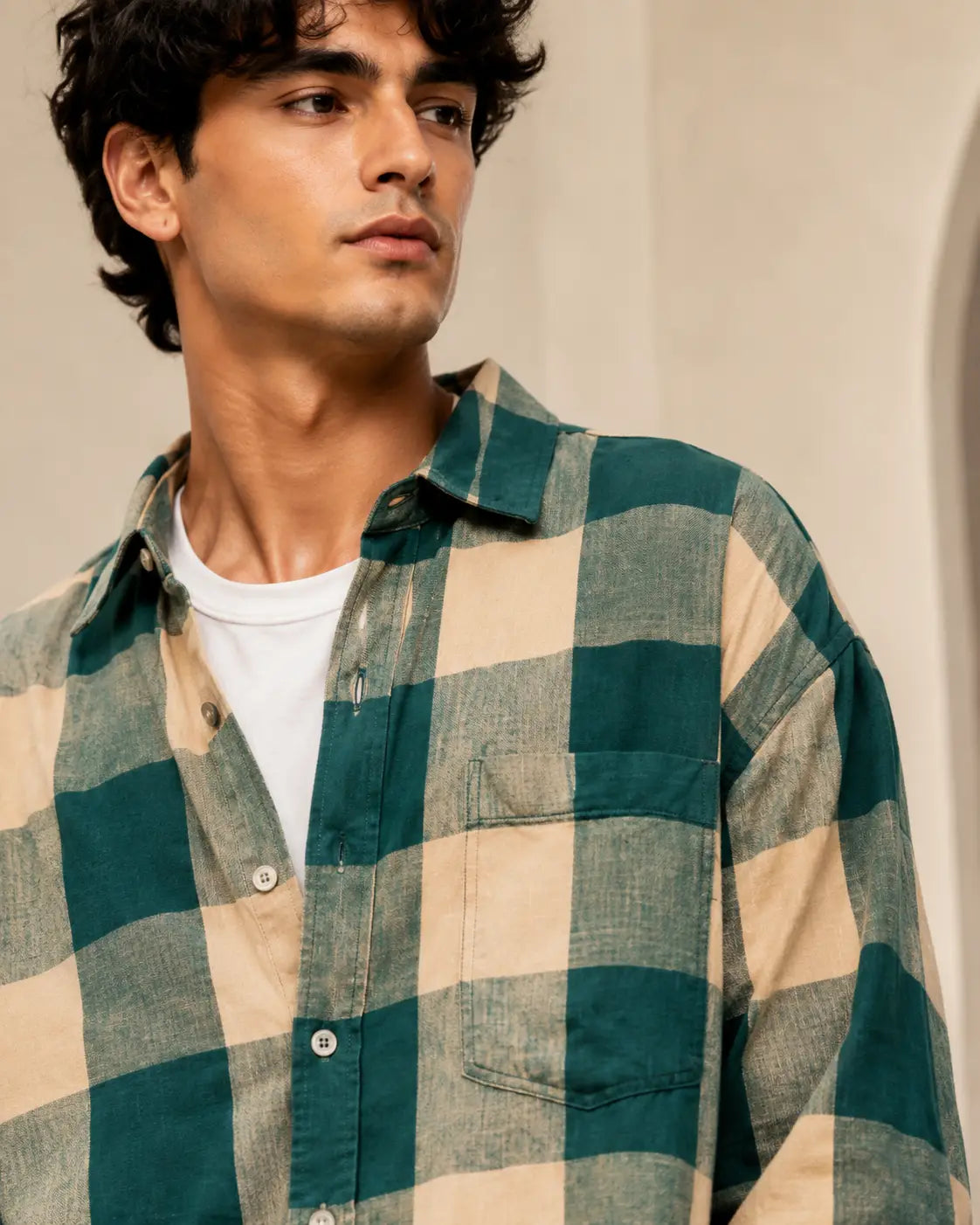 Eloriya Emerald Green & Buff Beige Checkered Oversized Shirt