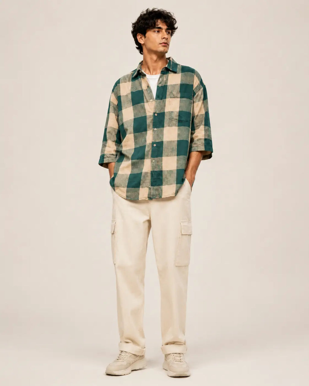 Eloriya Emerald Green & Buff Beige Checkered Oversized Shirt