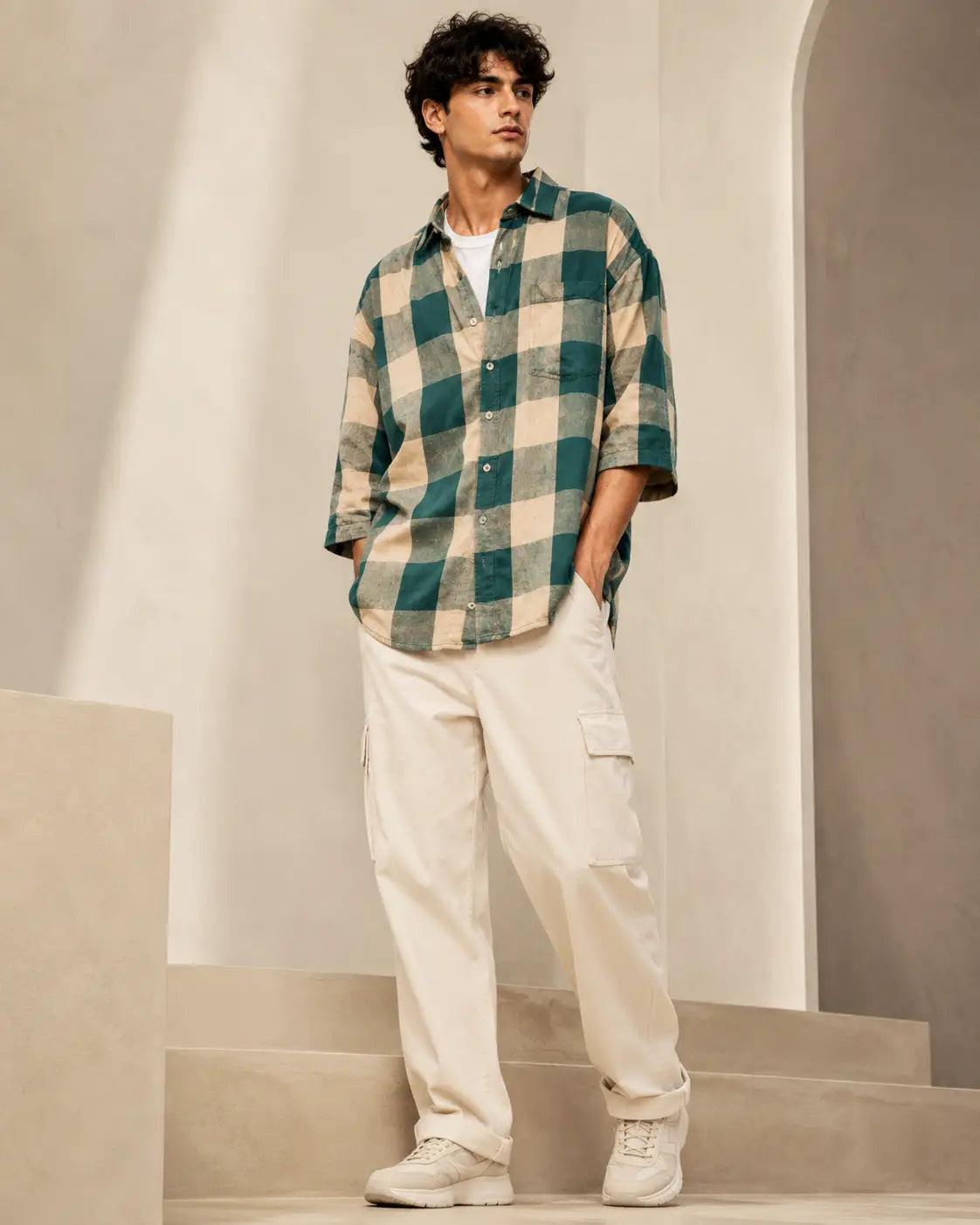 Eloriya Emerald Green & Buff Beige Checkered Oversized Shirt
