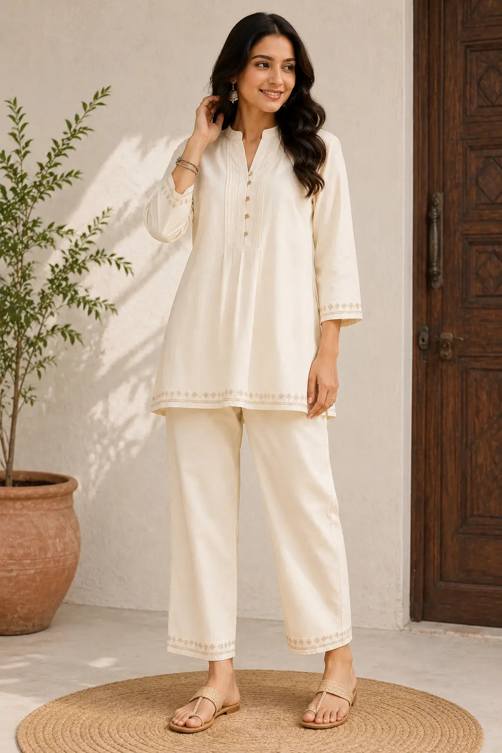 ELORIYA Ivory Relaxed Fit Cotton Co-ord Set for Women