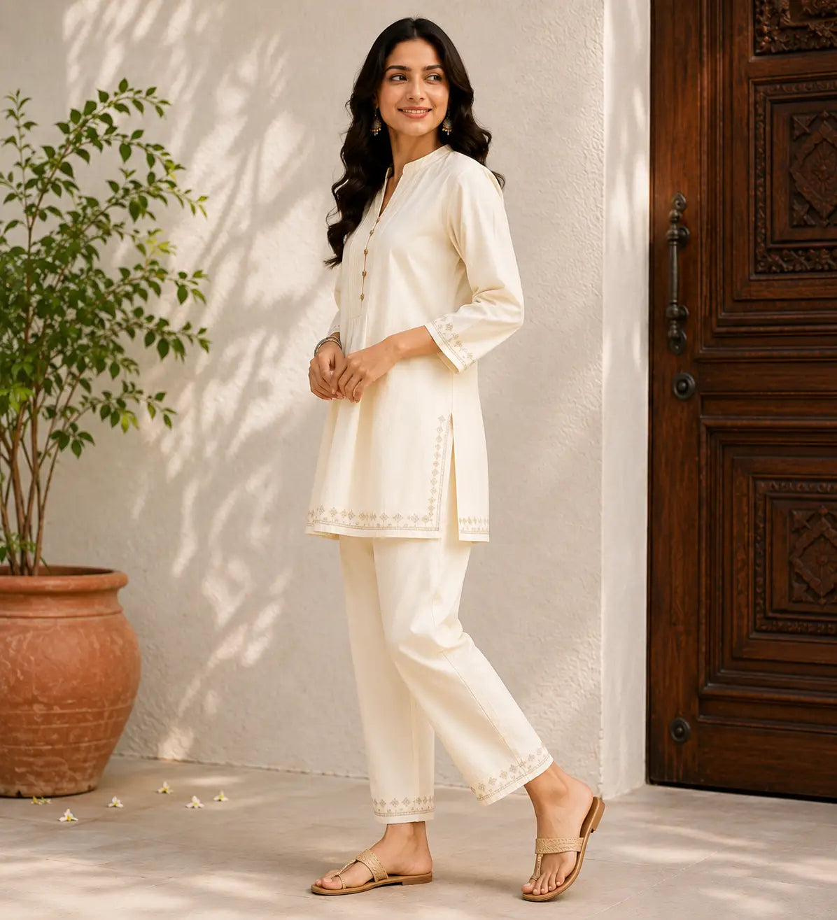 ELORIYA Ivory Relaxed Fit Cotton Co-ord Set for Women