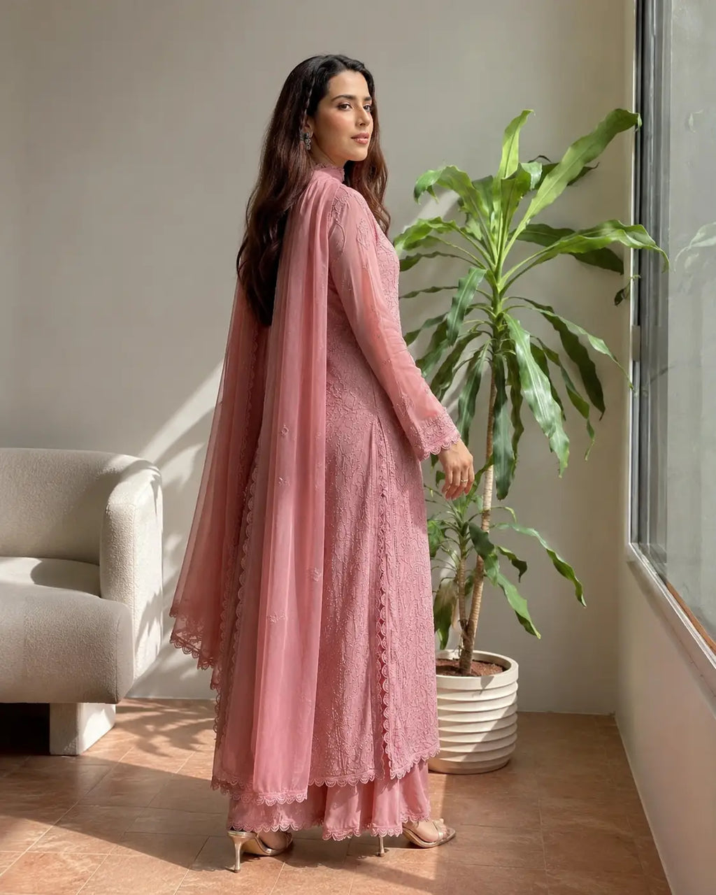 Eloriya Pastel Pink Georgette Chikankari Embroidered Kurta with Pant