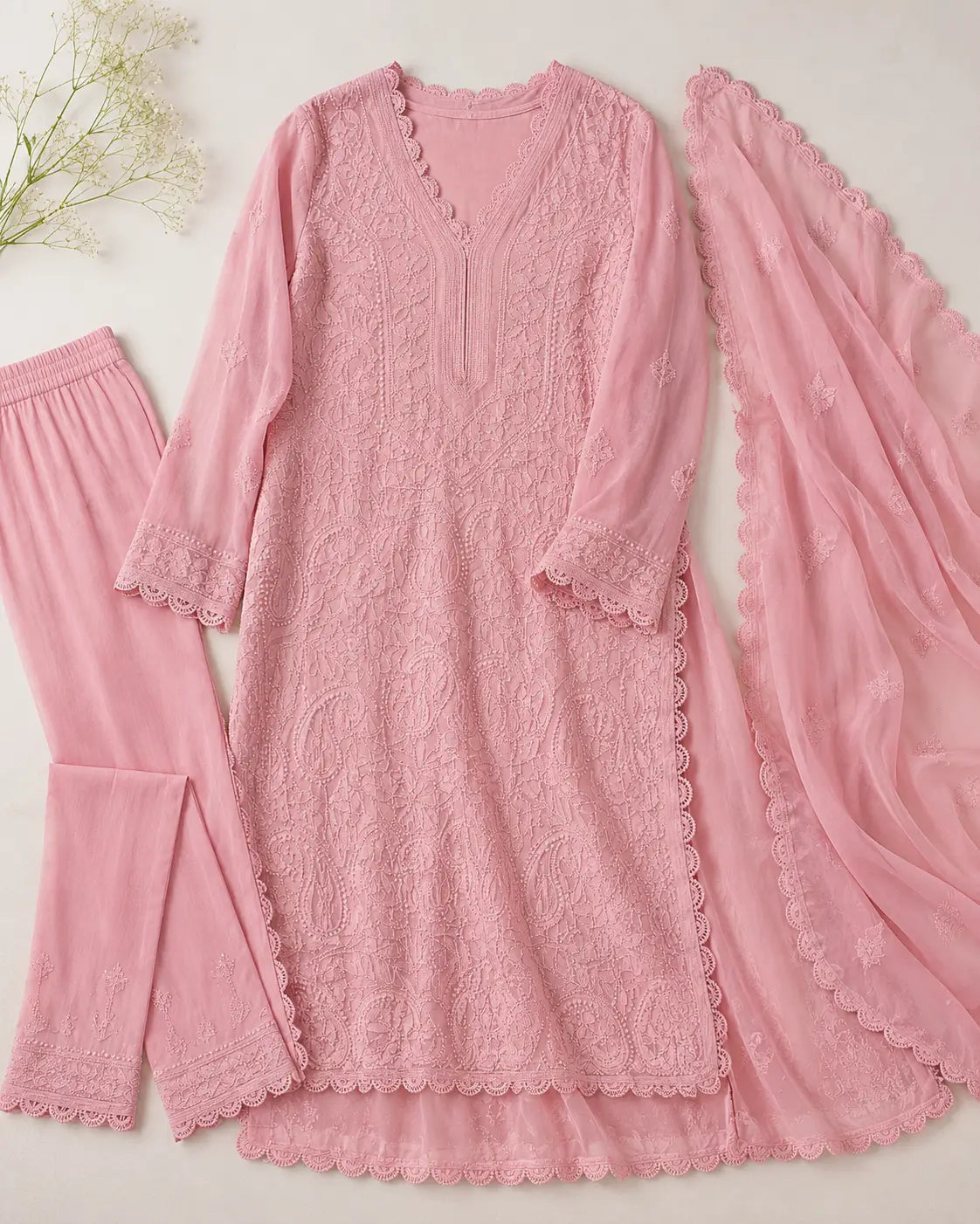 Eloriya Pastel Pink Georgette Chikankari Embroidered Kurta with Pant