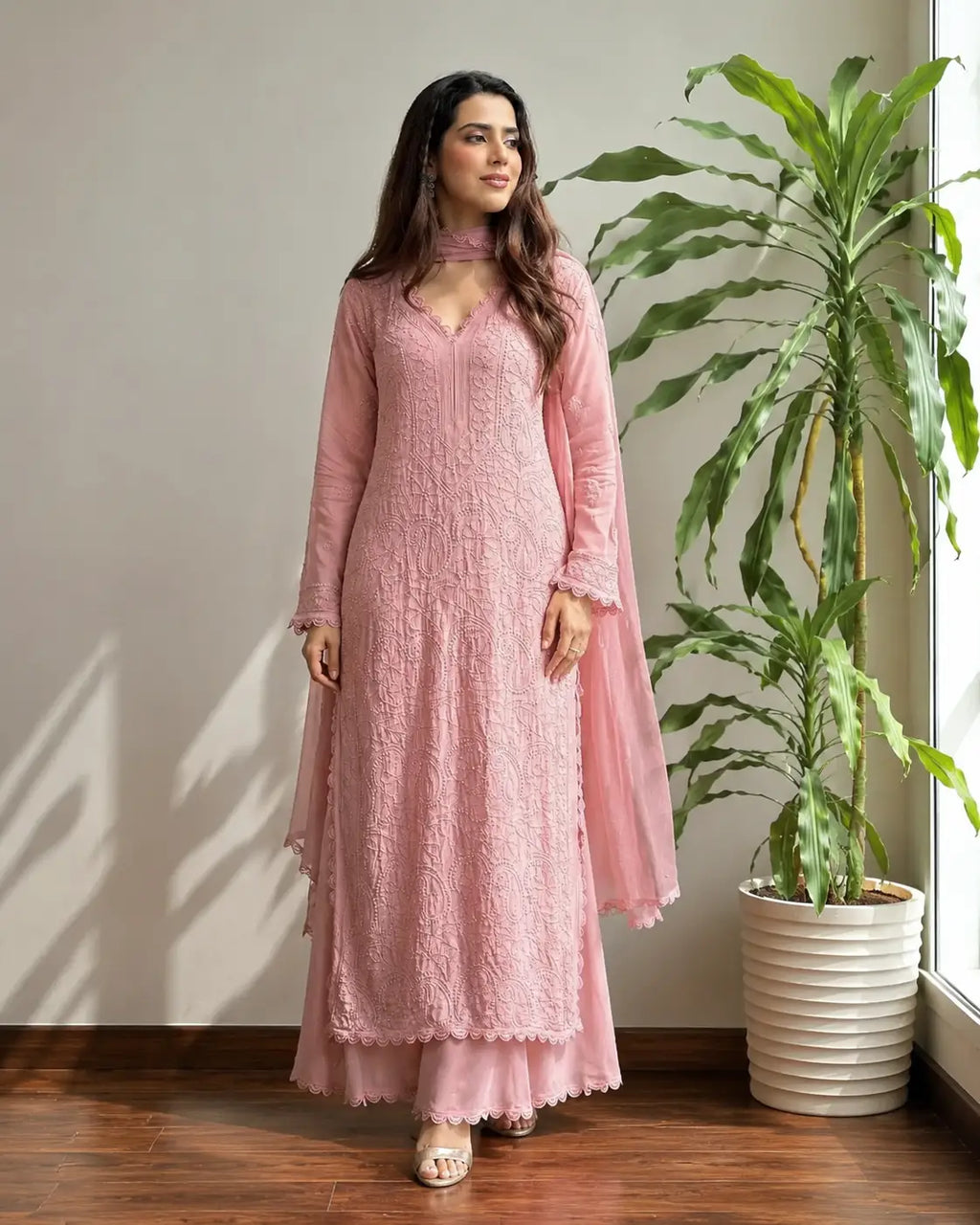 Eloriya Pastel Pink Georgette Chikankari Embroidered Kurta with Pant