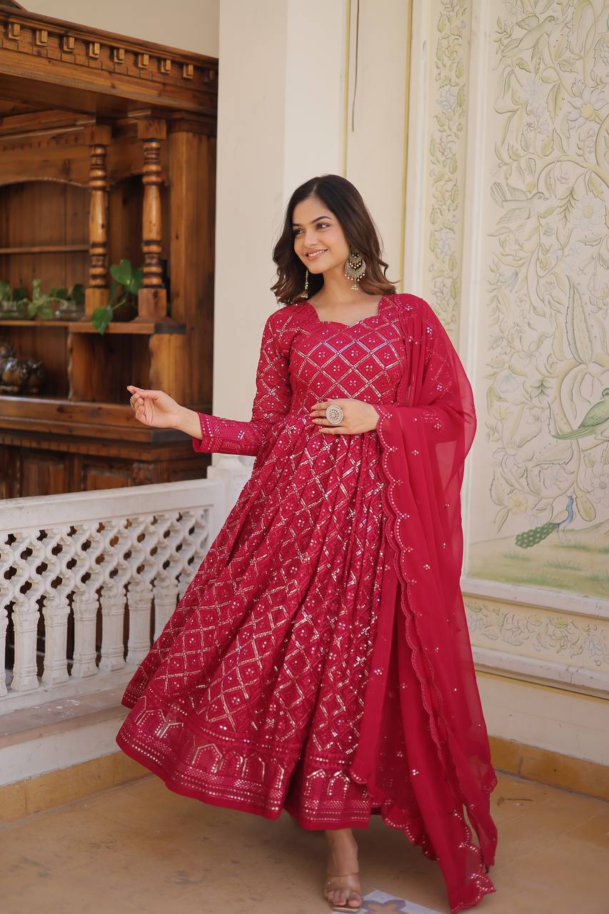 Eloriya Rani & Wine Embroidered Georgette Anarkali Suit Set - XS [34] | Eloriya India