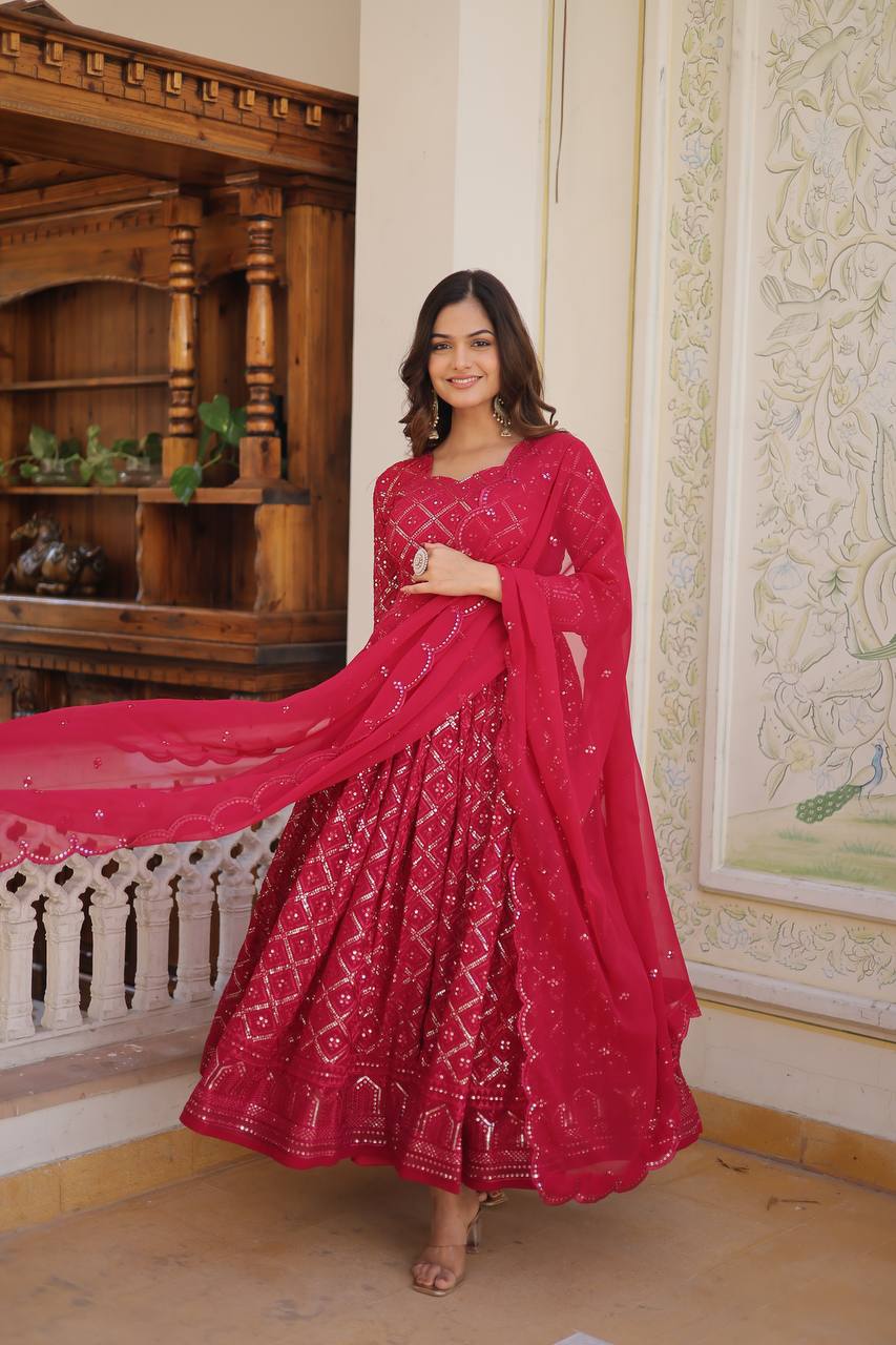 Eloriya Rani & Wine Embroidered Georgette Anarkali Suit Set - S [36] | Eloriya India