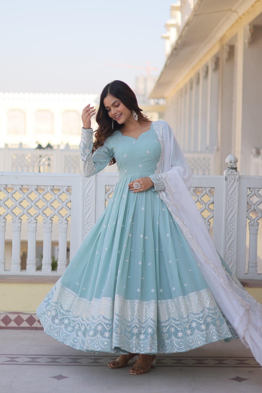 Eloriya Premium Quality Sky Anarkali Suit Set - L(40'') | Eloriya India