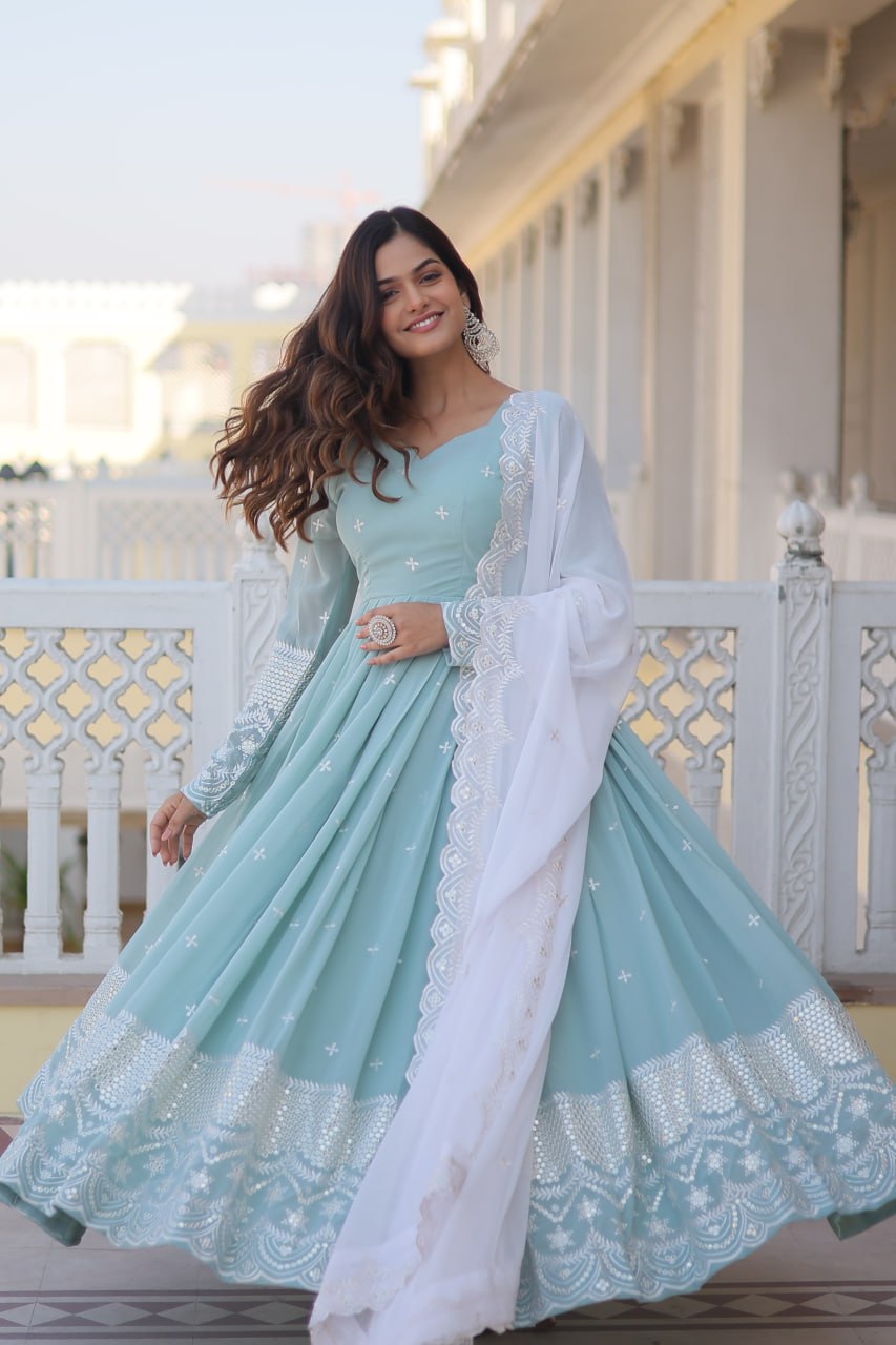 Eloriya Premium Quality Sky Anarkali Suit Set - XS [34] | Eloriya India